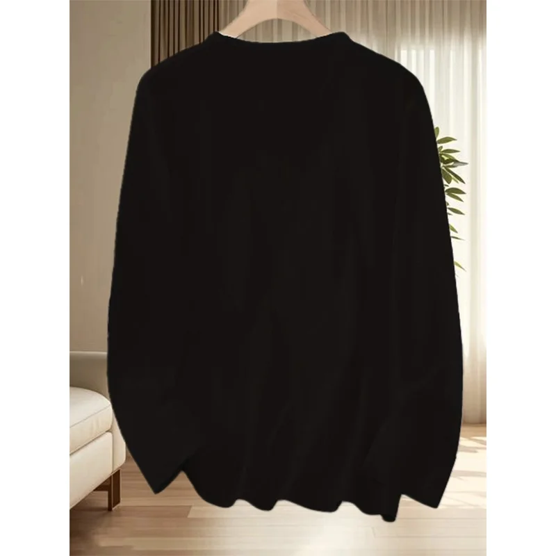 Women's  Oversized Joyful Face T-Shirt - Long Sleeve Curvy Top with Round Neck, Comfy Elegant Blouse for Big Size Ladies