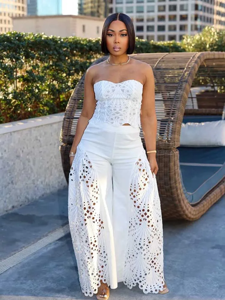 

Female Clothing Elegant Sets V Neck Lace Sexy Strapless Crop Top and Wide Leg Pants Set Women Hollow Out Summer Two Piece Set