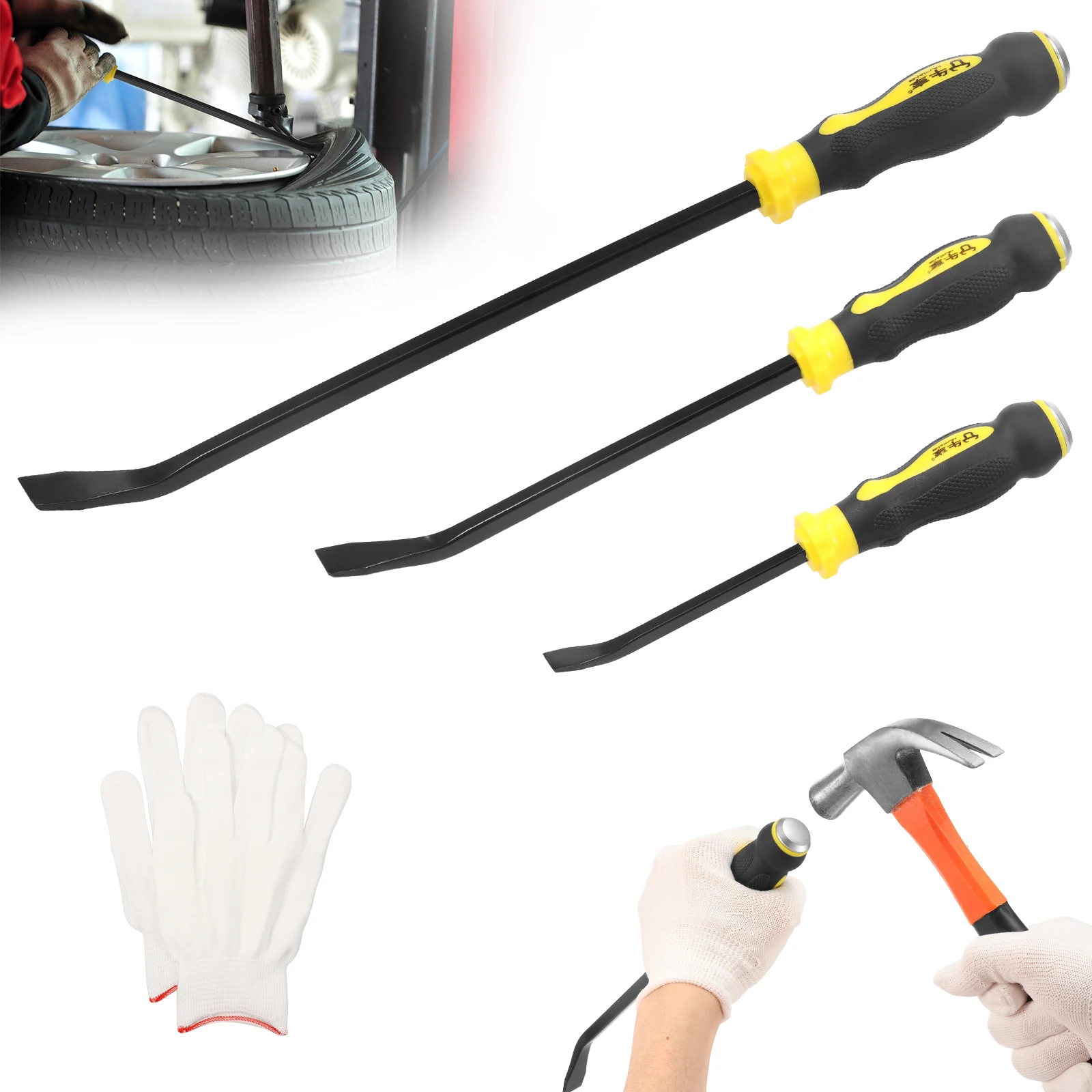 

3Pcs Pry Bar Set 8" 12" 18" Angled Tip Heavy Duty Crowbar with Metal Strike Cap Non Slip Rubber Handle for Demolition Work