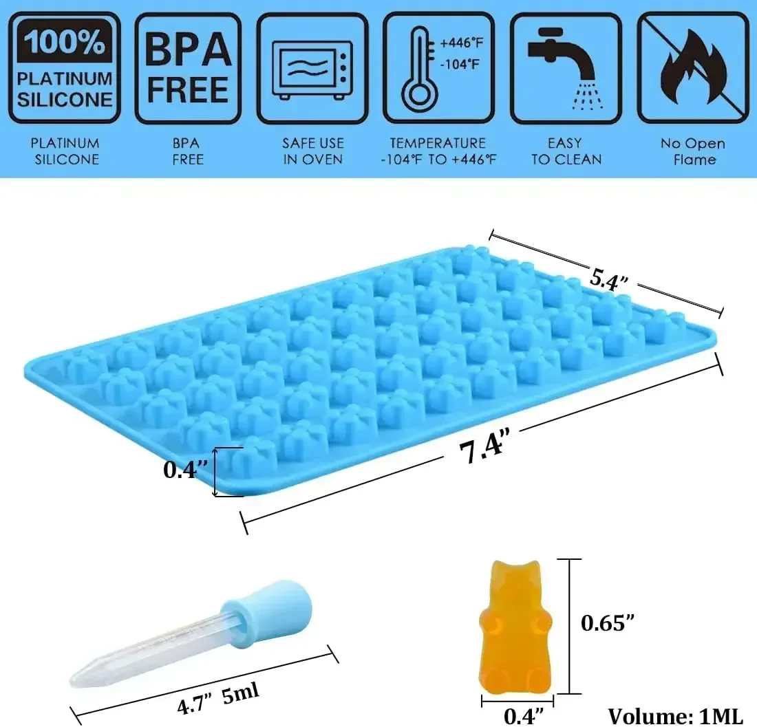 50 Grids Silicone Gummy Bear Fondant Chocolate Candy Maker Ice Tray Jelly Molds Fashion Sugar Cake Decorating Tools with Dropper