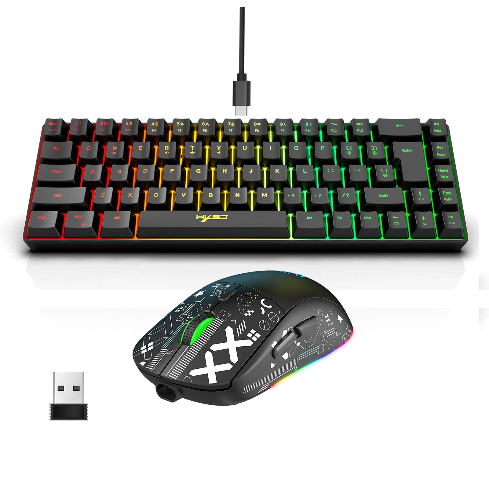 HXSJ Keyboard and Mouse Combo Wired Treamer with Lighting Modes Mini Wired Gaming Membrane Keyboard Wireless Mechanical Mouse