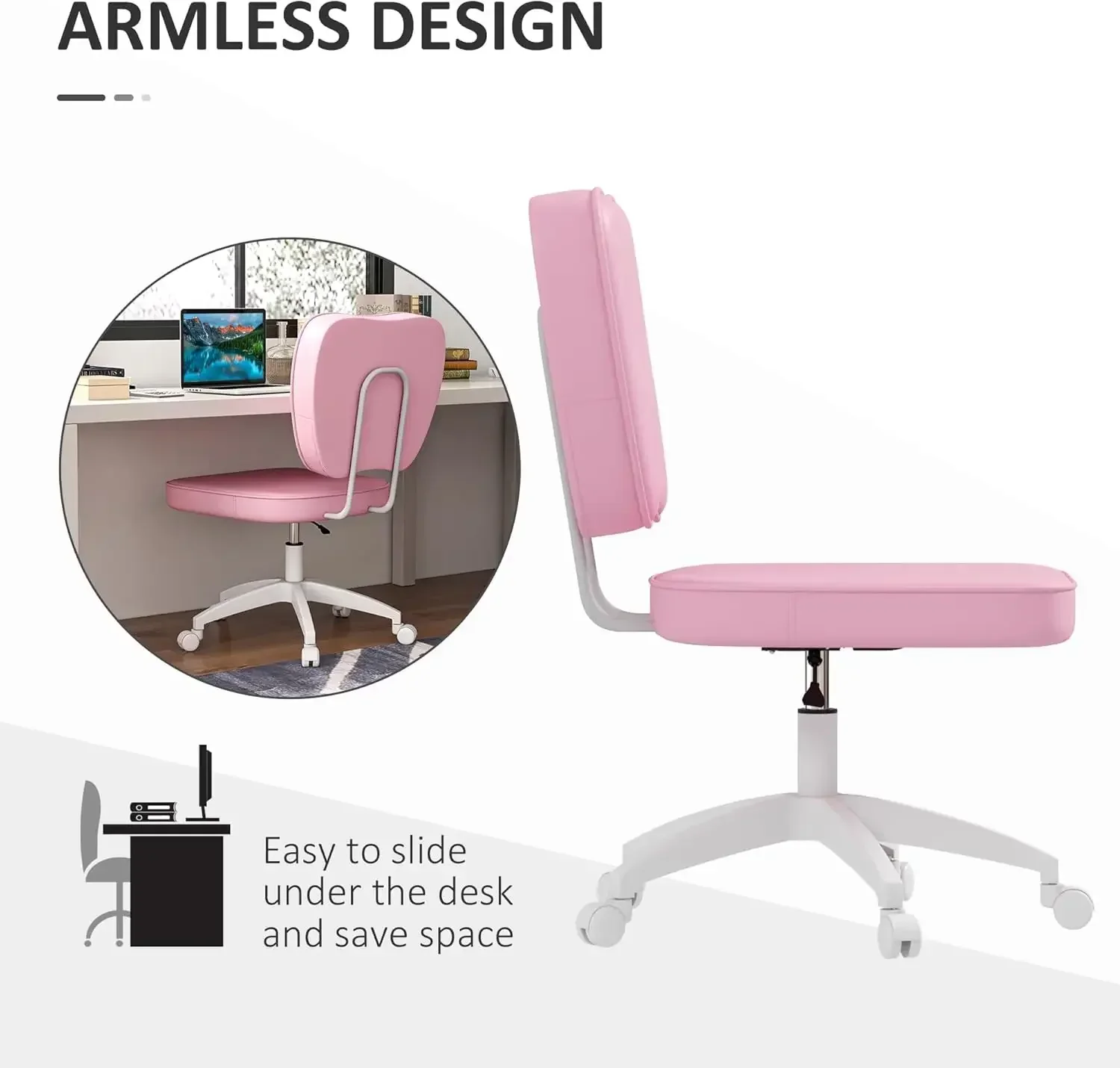 Cute Armless Office Chair, Small Pu Leather Computer Desk Chair, Vanity Task Chair With Adjustable Height, Swivel Wheels, Mid