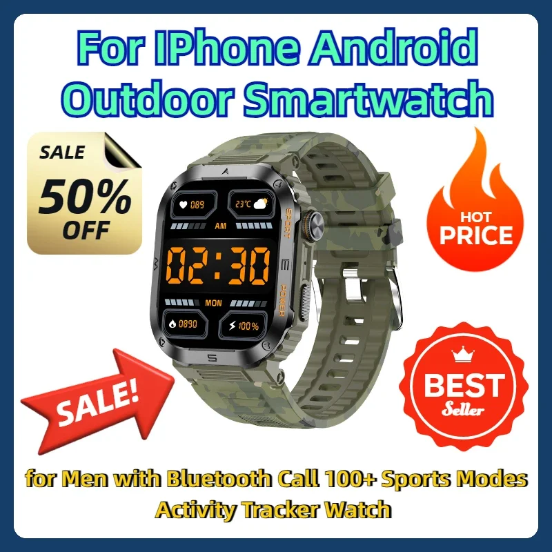 

For IPhone Android Outdoor Smartwatch Military Smart Watch for Men with Bluetooth Call 100+ Sports Modes Activity Tracker Watch