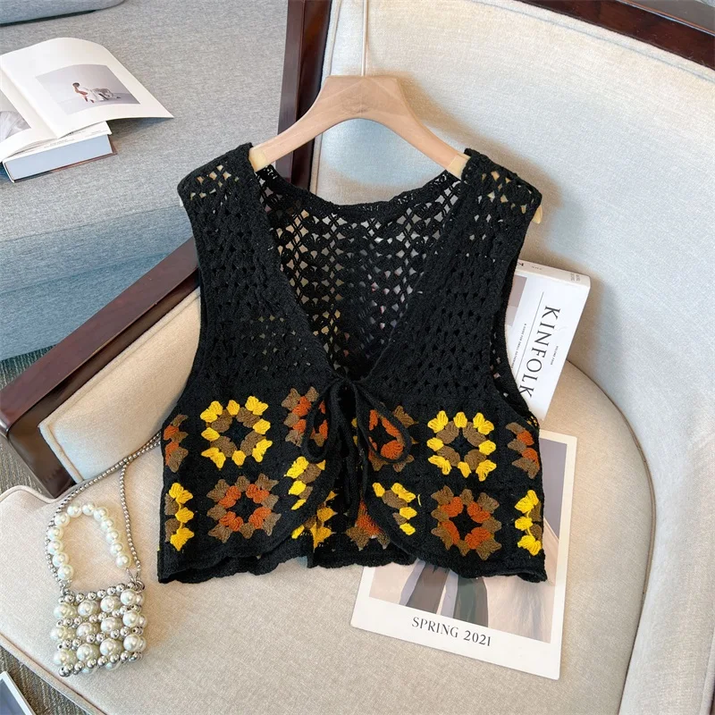 Hollow Crochet Sweater Vest Women Vintage V-Neck Lace Up Knit Cardigan 2024 Spring/Summer Versatile Loose Sleeveless Top