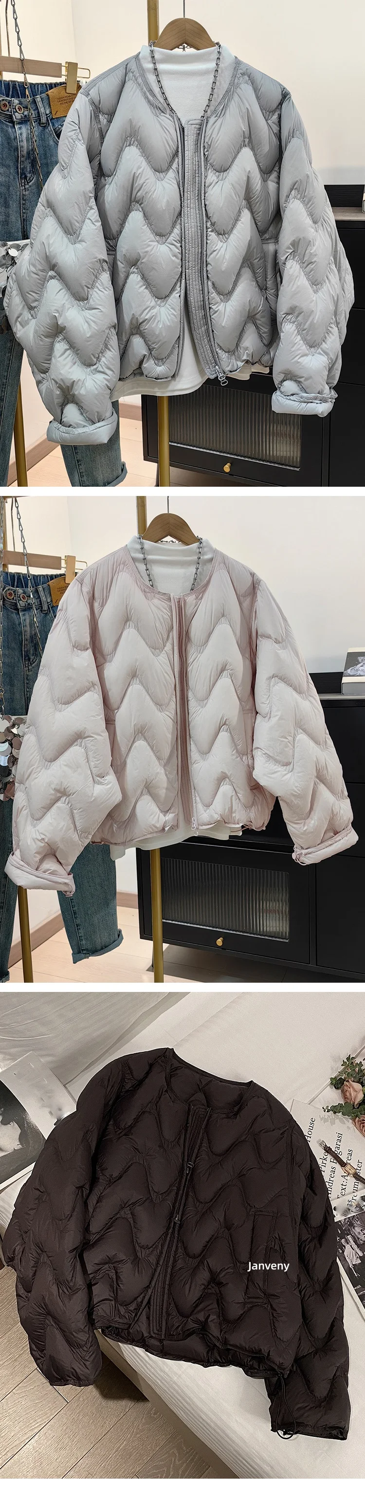 Janveny 2026 New Autumn Winter Lightweight Wave Quilted Puffer Jacket Women Loose Round Neck Short White Duck Down Coat Outwear