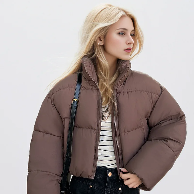 2024 Women\'s Winter Puffer Jacket Stand-up Collar Cropped Quilted Jacket Splashproof Water Repellent Windproof Down Cotton Coat