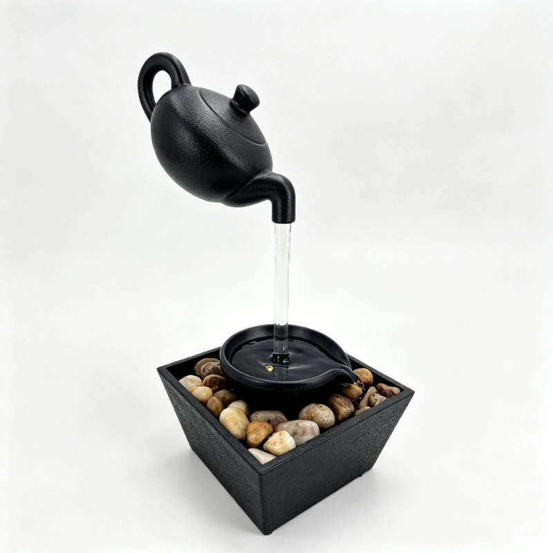  Tabletop Fountain Decors Painted Floating Teapot-Shape Water Feature with USB Power and Stone Basin for Desk Decors