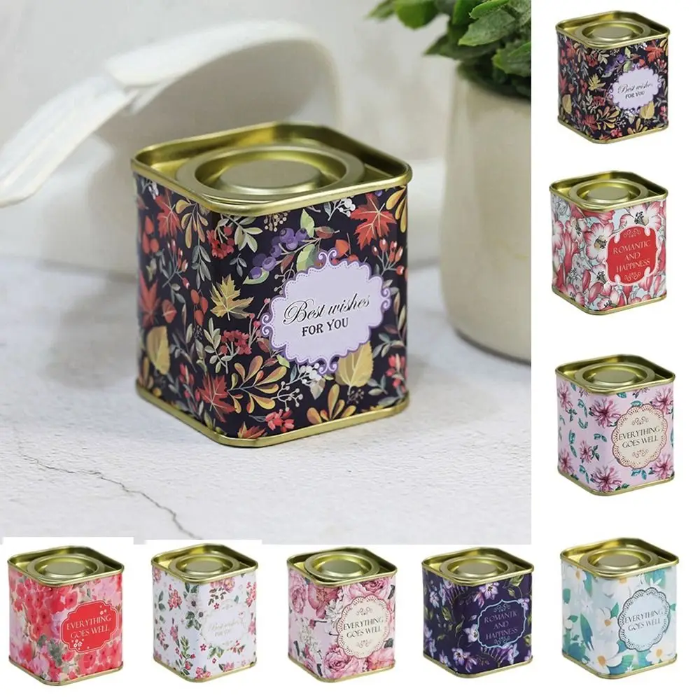 1Pc Square Tea Tin Box Small Portable Tea Iron Cans Tinplate Candy Canister Vintage Jewelry Box Kitchen Coffee Sugar Container