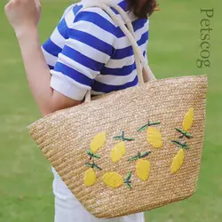 Large Capacity Summer Tote Bags For Women Lemon Pattern Embroidered Straw Bag Bohemian Beach Party Big Handbags Shoulder Bag