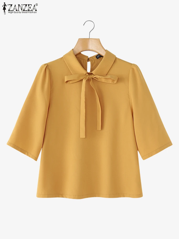 ZANZEA بلوزات بمقاسات كبيرة للنساء موضة خريف 2025 3/4 كم قمصان متينة غير رسمية فضفاضة ذات طية صدر السترة Blusas Femininas ربطة القوس فيونكة 5XL #3