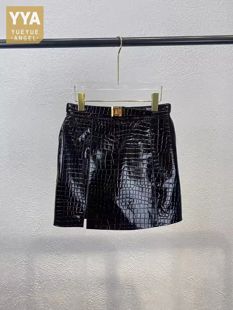 Moda damska Czarna spódnica z prawdziwej skóry z wysokim stanem Seksowny design Streetwear Lady Prawdziwa skóra owcza Mini spódniczki kopertowe