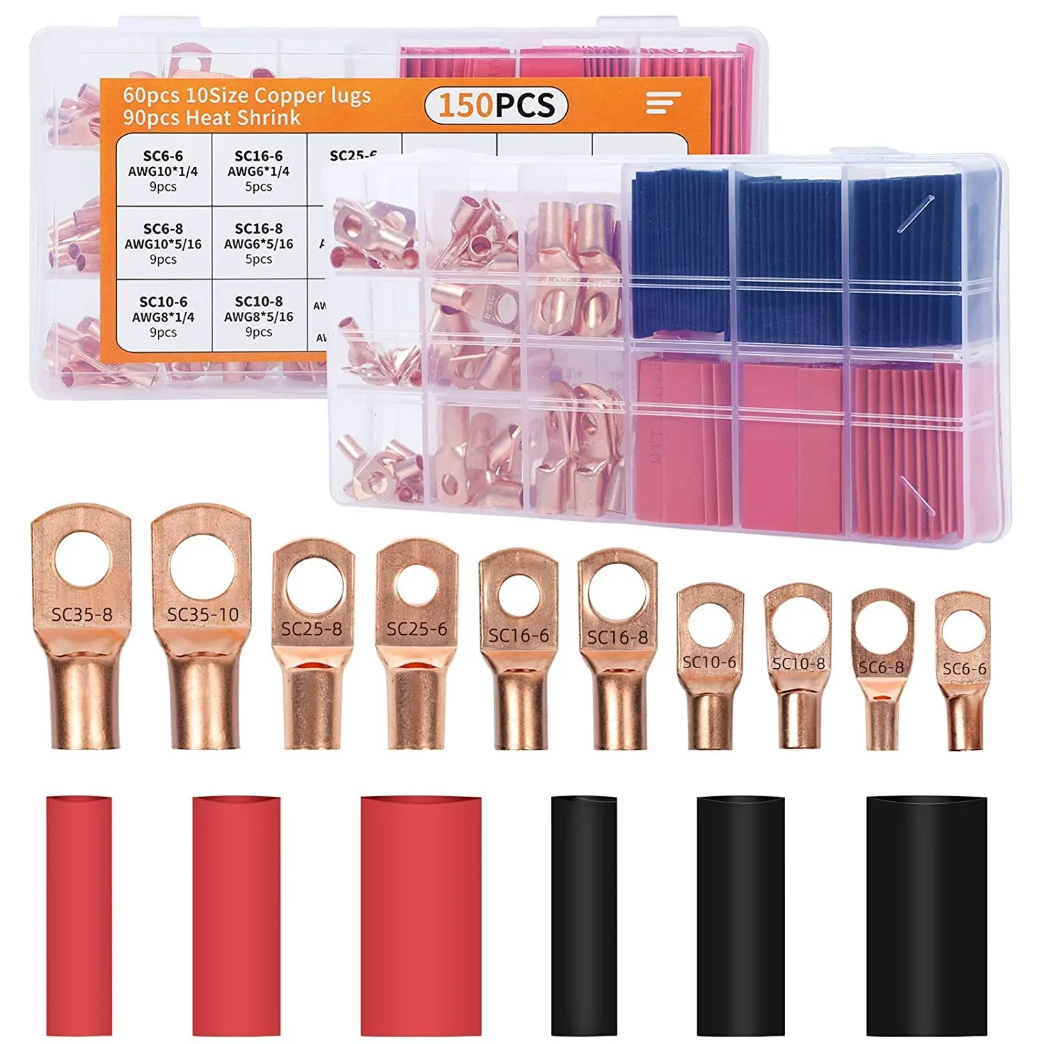 150Pcs SC Tinned Copper Tube Terminal Set Ring Terminal Lug Bare Cable Crimped/Soldered Terminals Kit