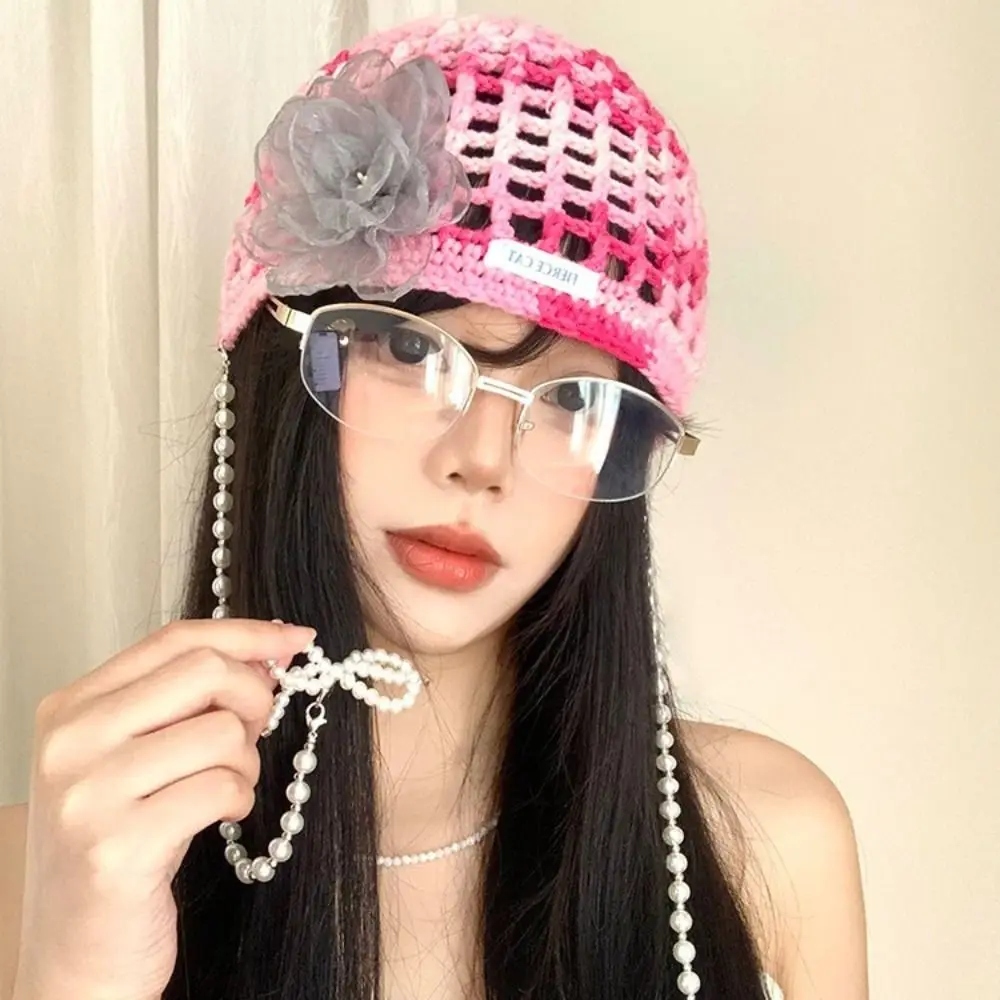 

Bohemian Style Crochet Tassel Beanies Hat Dopamine Color Hollow Flower Pullover Cap Weave Handmade Bow Pearl Beanie Cap Girls
