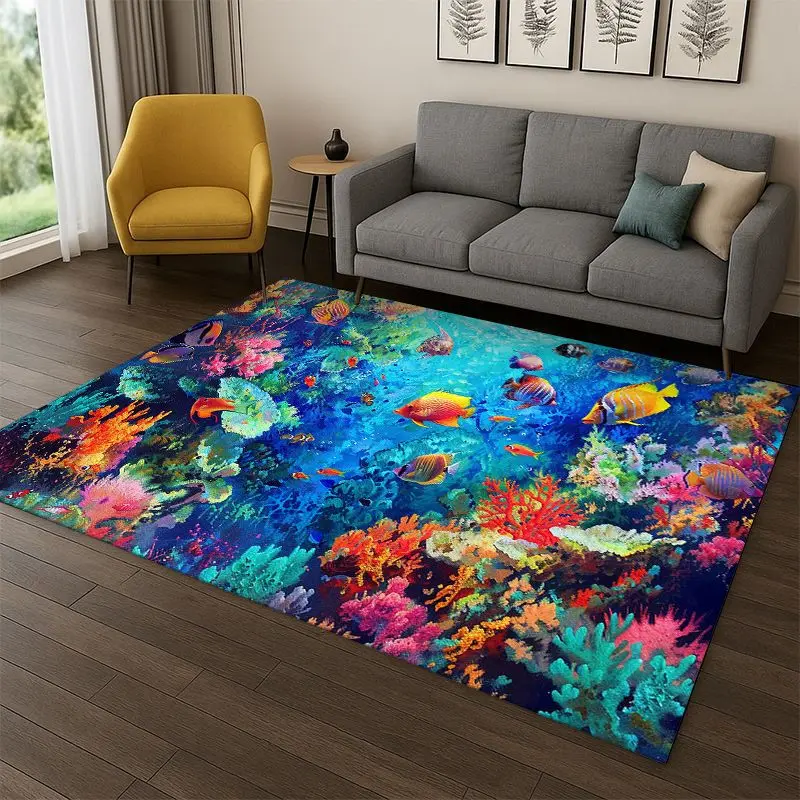 Underwater Sea World Marine Life Cartoon Carpet Rug for Bedroom Living Room Sofa Playroom Doormat Home Decor,Area Rug Non-slip
