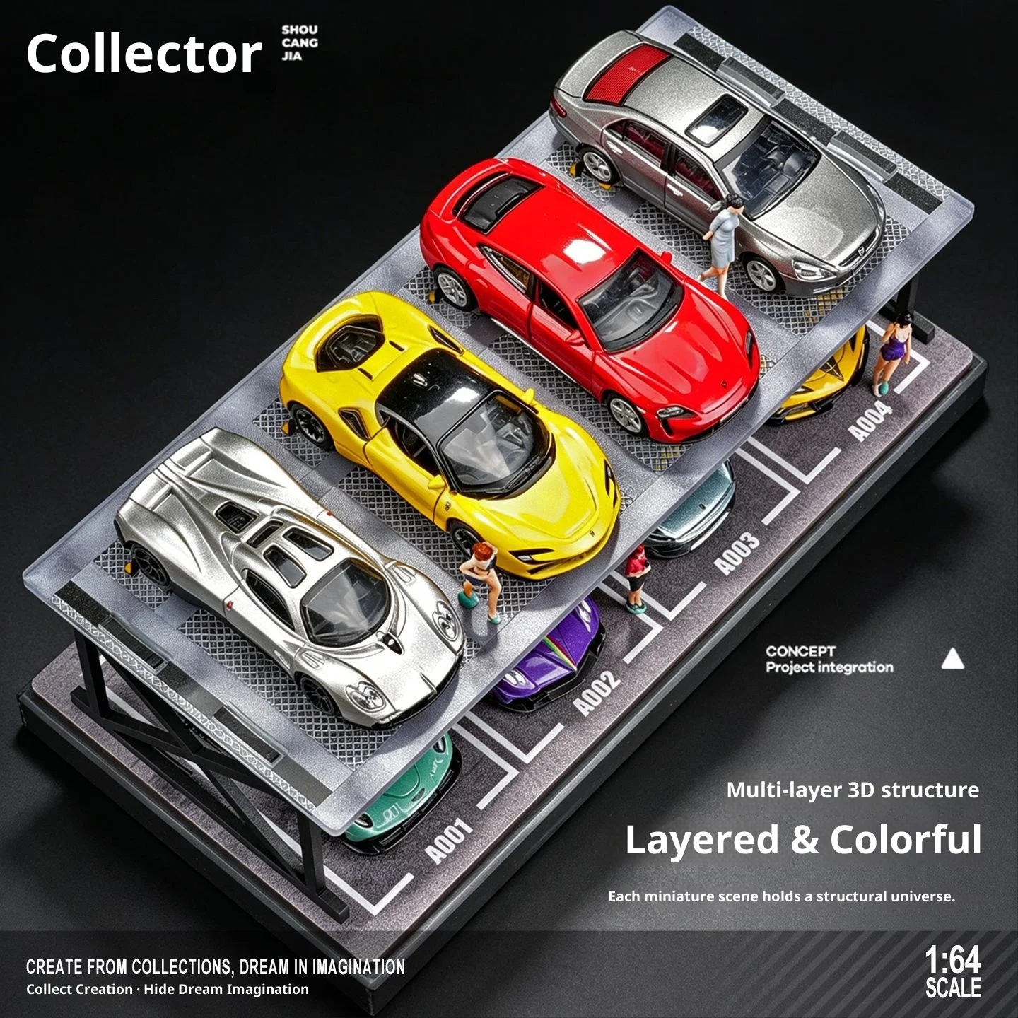 Collector 1:64 Scale Two-Story Parking Garage Diorama – Snap-Fit Assembly with Dust-Proof Cover & LED Lights, Storage Display view 3