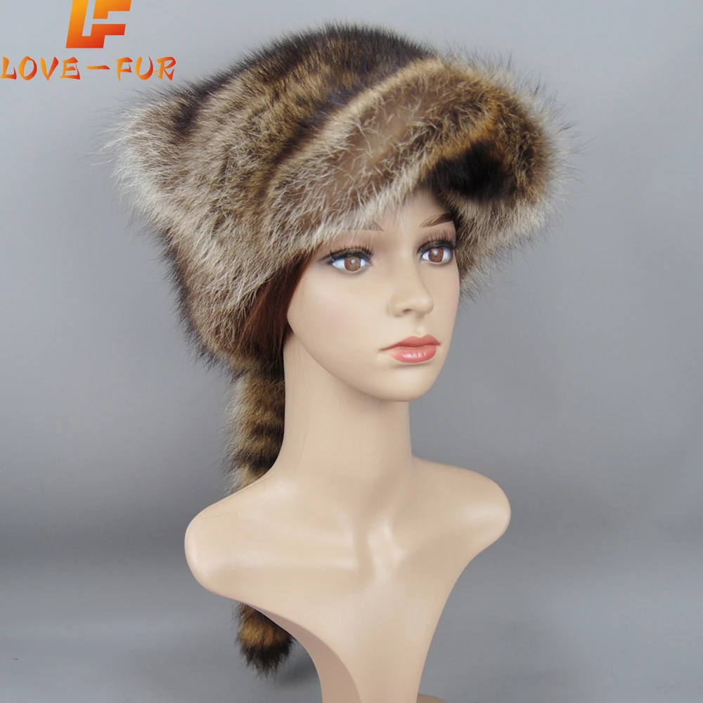 New Lady Real Raccoon Fur Cap Women Natural Raccoon Fur Caps Ushanka Hat for Winter Thick Warm Ear Fashion Bomber Pom Pom Hats