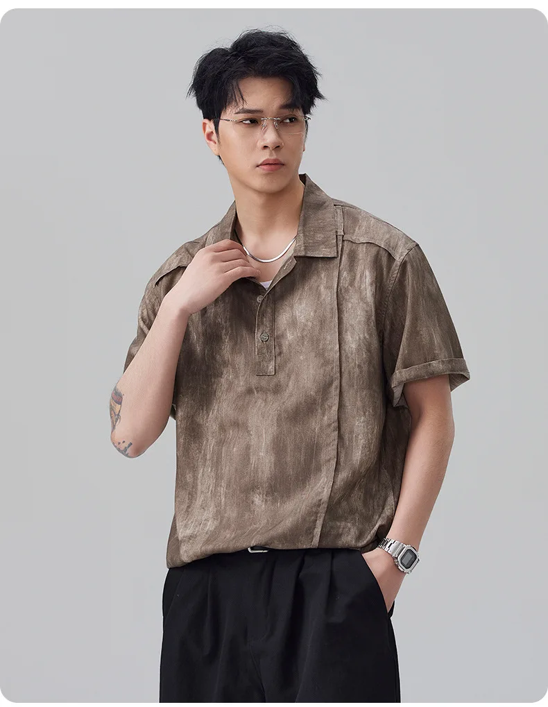 Summer Vintage Washed Mocha Tie Dye Polo Shirt Men Irregular Pleated Splicing Loose Fit Lapel Short Sleeve Casual Apricot Top