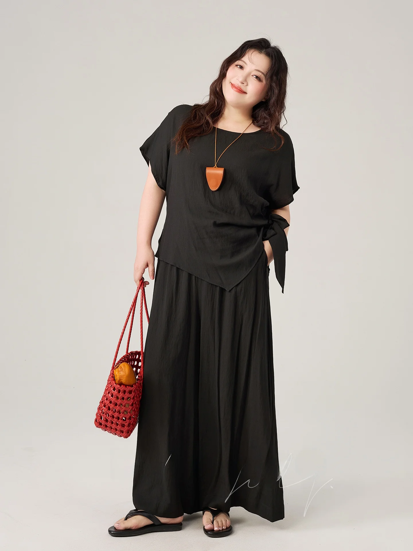 

Loose Wide Leg Pants Set round Ne ort Sve Thin T-irt for plus Size Women Summer New Sle Casual High Waist Long Pants