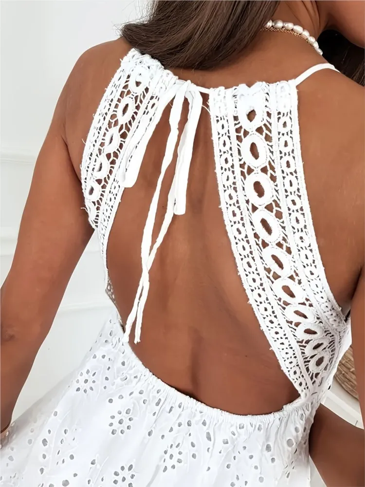 Biała sukienka z kwiatowym wzorem, ażurowa, damska, modna, na ramiączkach spaghetti, z dekoltem w serek, z wysokim stanem, luźna, mini, dla kobiet, na wakacje na plaży.