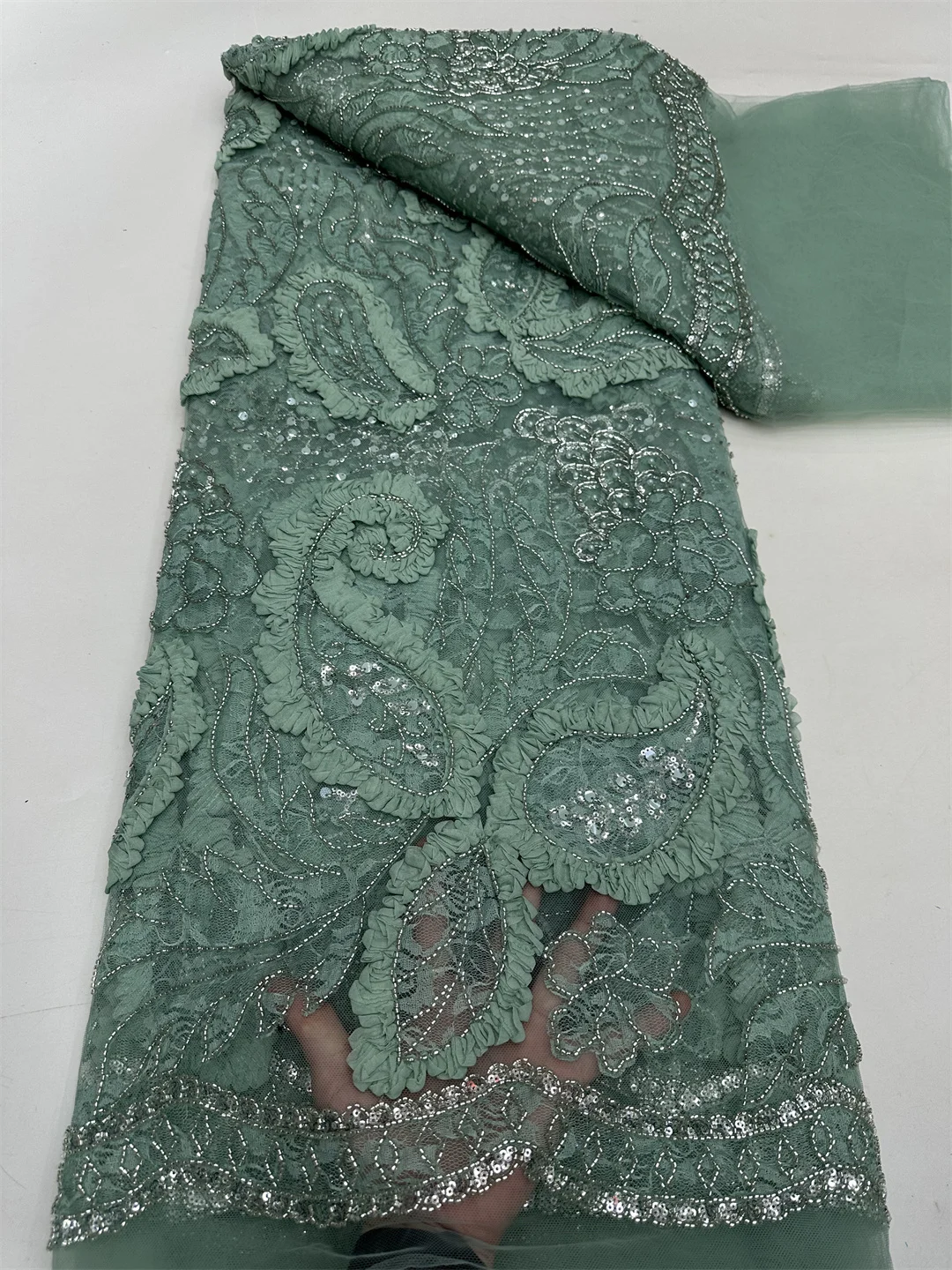Luxuriöser 3D-afrikanischer schwerer handgefertigter Perlen-Tüll-Spitzenstoff 2025, nigerianischer französischer Pailletten-Netz-Spitzenstoff für Hochzeits-Party-Kleider