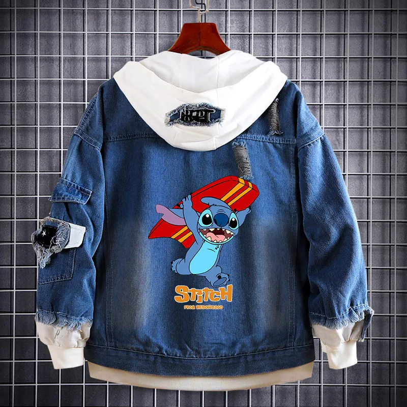 Miniso Hooded Disney Lilo Stitch Denim Coat Cartoon Print Harajuku Couple Jackets Patchwork Button Casual Oversized Coat For Men