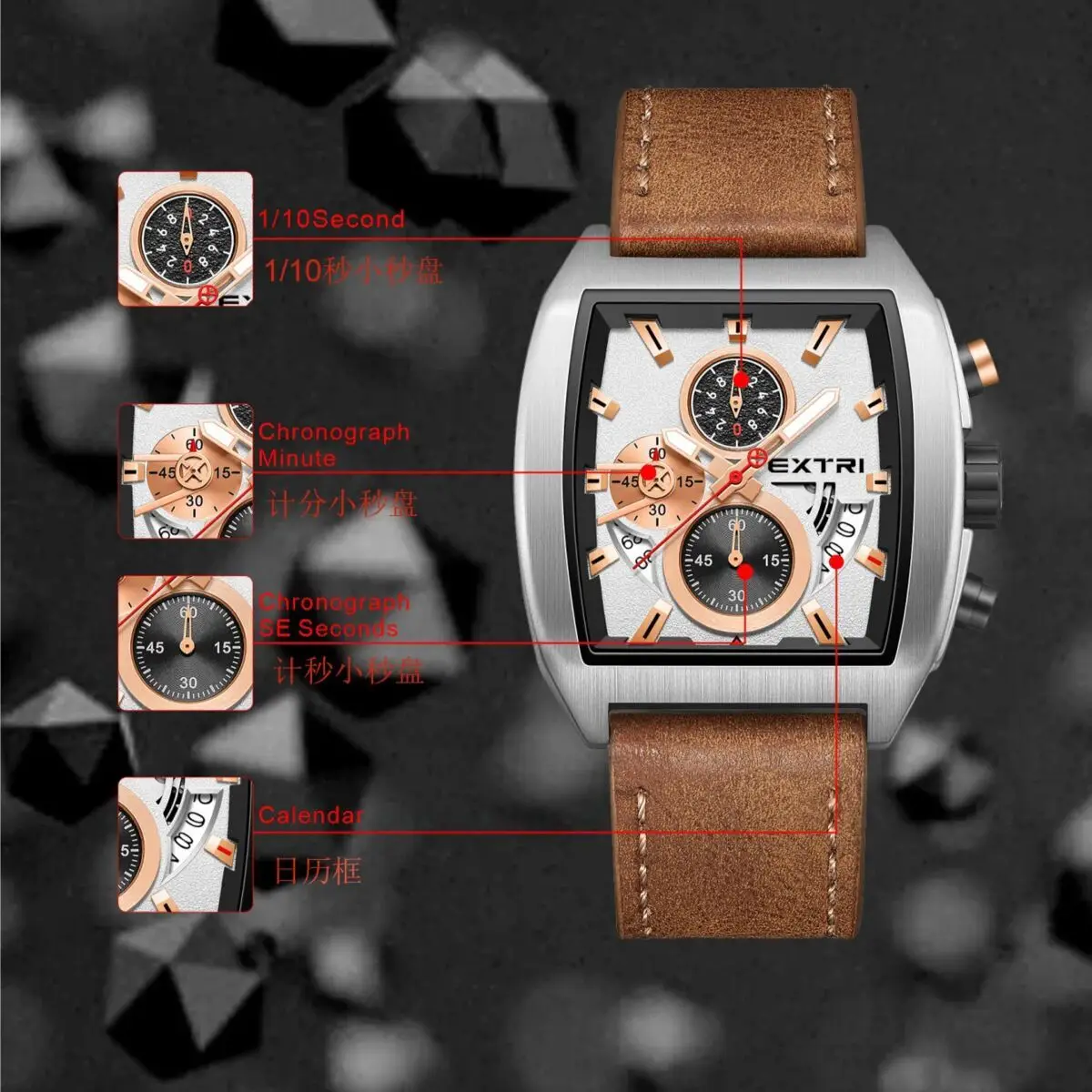 EXTRI 6075 Fashion Men's Wrist Watches Business Sports Waterproof Golf Leisure Leather Top Brand Quartz Watch For Men