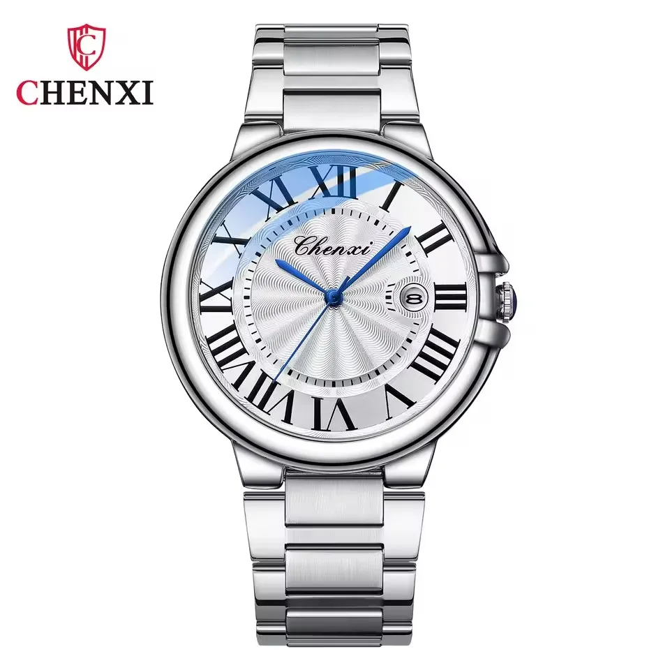 CHENXI 039 Reloj de cuarzo para parejas, relojes de pulsera de acero inoxidable plateados simples a la moda de lujo para mujeres y hombres