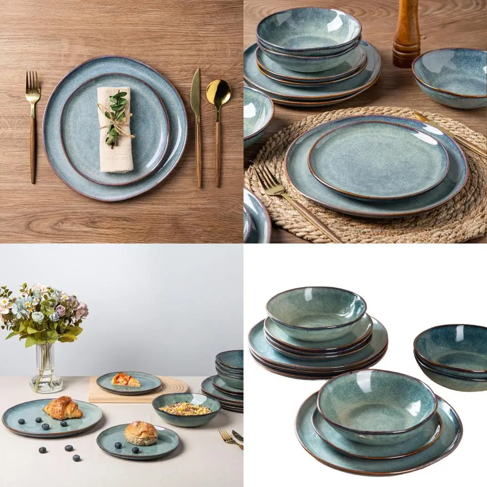 

Handcrafted Reactive Glaze Stoneware Dinnerware, 4-Person Set, Dishwasher and Microwave Safe, 12-Piece