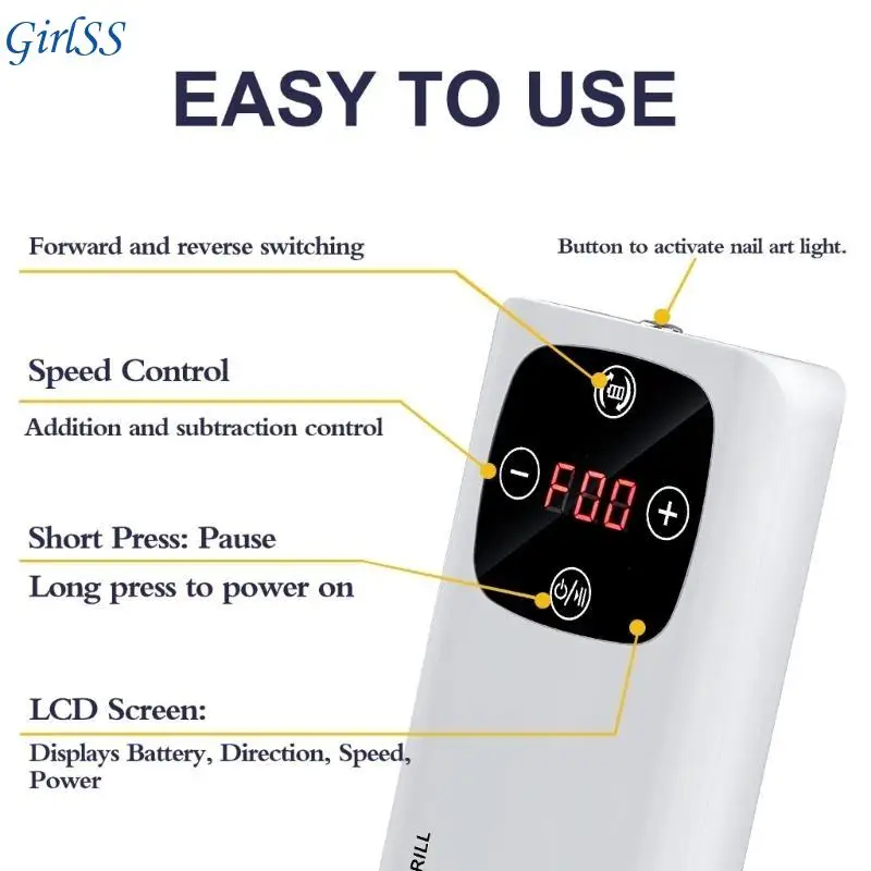 

Электрическая дрель для ногтей 2 в 1, набор сверл для ногтей, 45000 об/мин, пилочка для маникюра T4MB