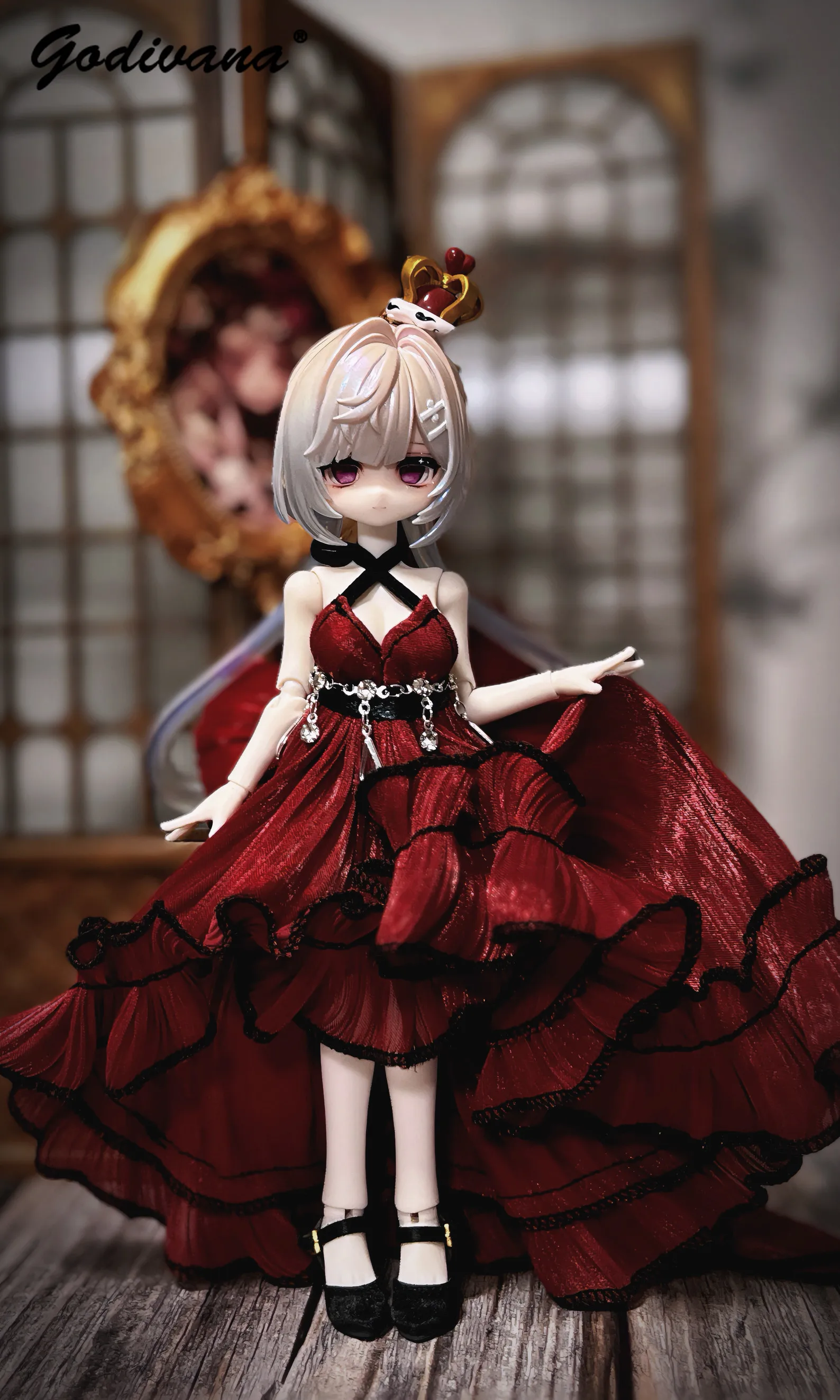 Minty 2nd Body 1/8 BJD Doll Evening Gown Red Halter Tiered Ruffle Dress with Bow Train Vintage Elegant Formal Party Straps Dress