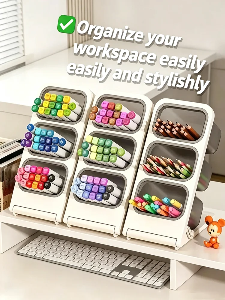 Multi-Layer Slant Desktop Stationery Organizer, Detachable 3 Grid Pen Holder, Pencil Storage Caddy for Office School Supplies
