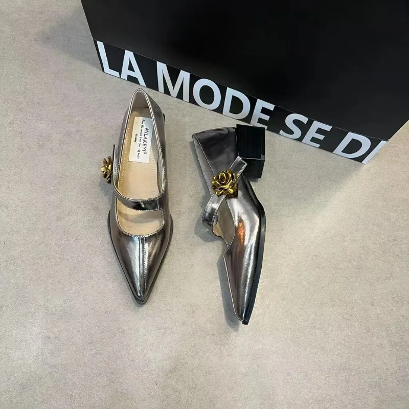2025 New Spring Metal Rose Red Single High Heel Women's Shoes Wide Heel Champion Mary Jane Shoes Wedding Shoes Bride image 6