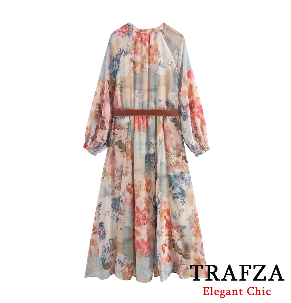 TRAFZA-Women Fashion Tie-dye Long Dress With Belt New 2024 Spring Autumn Fall Elegant Print Dress Long Sleeve Belted Dress