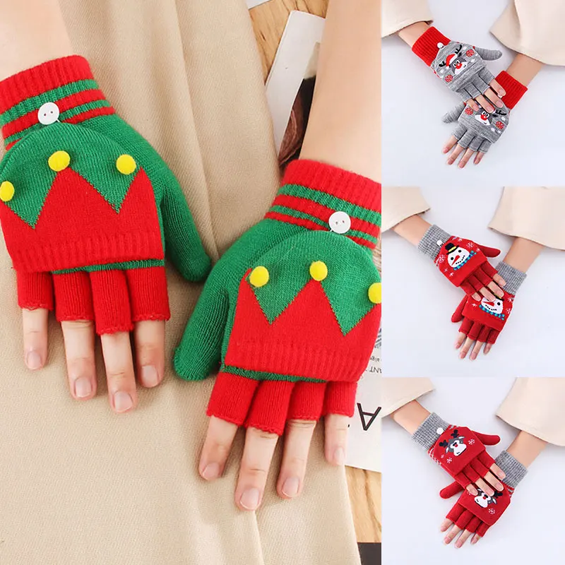 

Red Christmas Elk Glove Women Men Stretch Knit Mittens Elastic Flip Top Gloves Xmas Elk Snowmen Pattern Winter Warmer Gloves