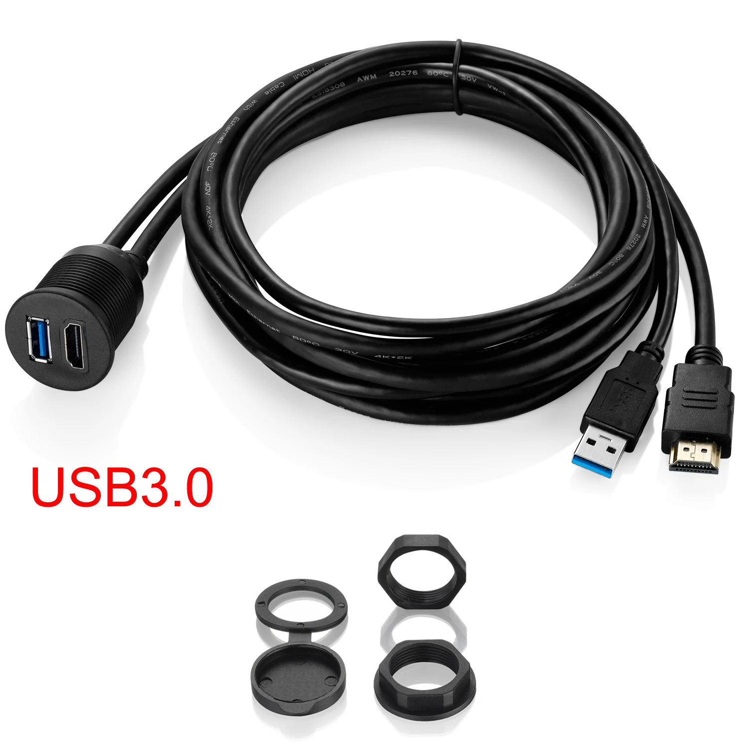 Bochara  USB 3.0USB 2.0+HDMI-Compatible Extension Cable Male to Female V2.0 4kx2K @60Hz Flush Mount Panel Dashboard For Car