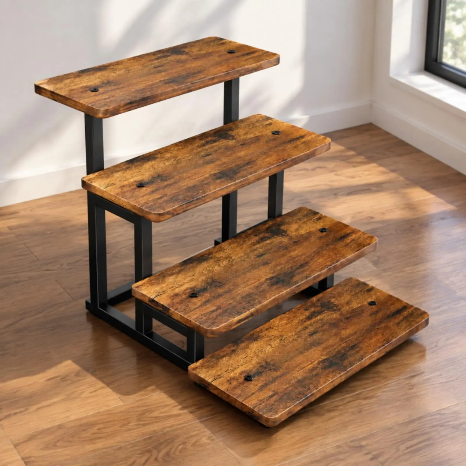 Wood Look Tabletop Organizer Shelf with Four Levels of Open Storage for Toiletries Cupcakes Bottles in Kitchen Bathroom
