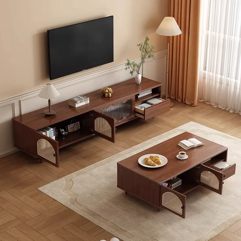 Home Floor-standing TV Stands Chinese-style Wicker Solid Wood Living Room TV Stands French-style Storage Furniture Armoire JTT