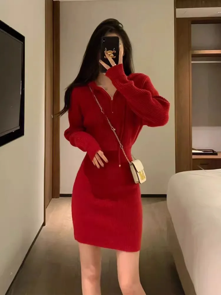 Robe courte rouge pour le nouvel an chinois, à capuche, slim, pour femmes