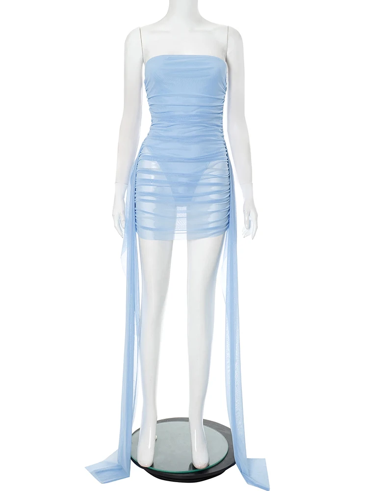 Dziwna Sukienka Prześwitująca Kocia Dziewczyna Bez Pleców Bez Rękawów Z Frędzlami Podwójna Plisowana Seksowna Sukienka Mini Bodycon na Imprezę do Klubu Nocnego