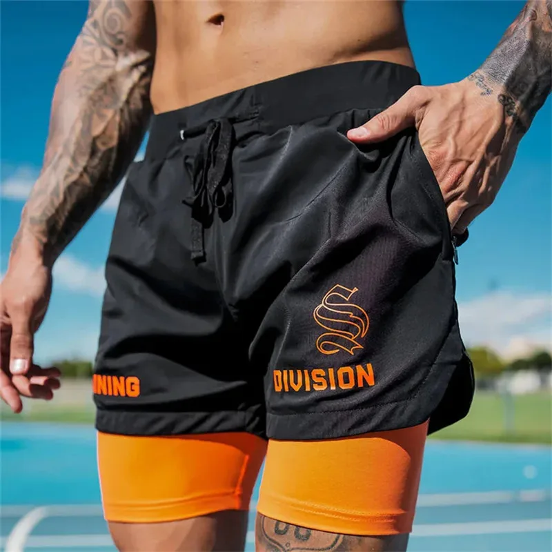 

Men's 2 in1 zipper pocket Sport Running Shorts Men Brand Double-deck Jogging Quick Dry GYM Shorts Fitness basketball Men Shorts