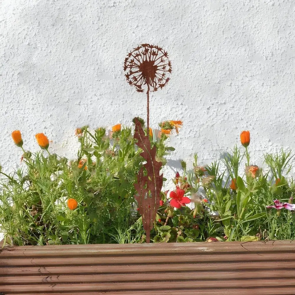 Dandelion Iron Stake Garden Ornament Rustic Metal Decor Outdoor Yard Lawn Sculpture Decorative Flower Pot Accessory