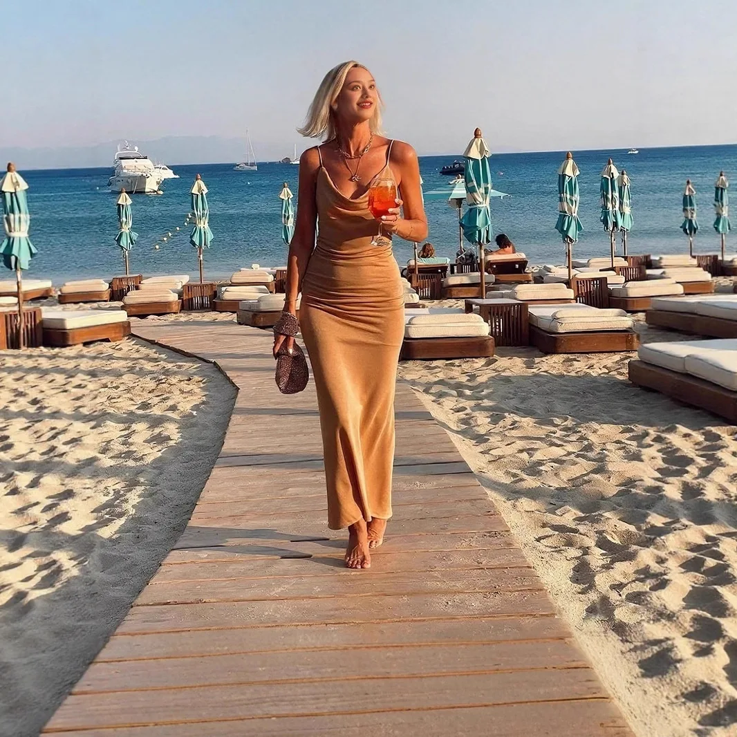 Abito sexy con canottiera da donna, cinturino aderente estivo, senza schienale, increspato, aderente, per le vacanze al mare, tubino sexy, abito lungo aderente