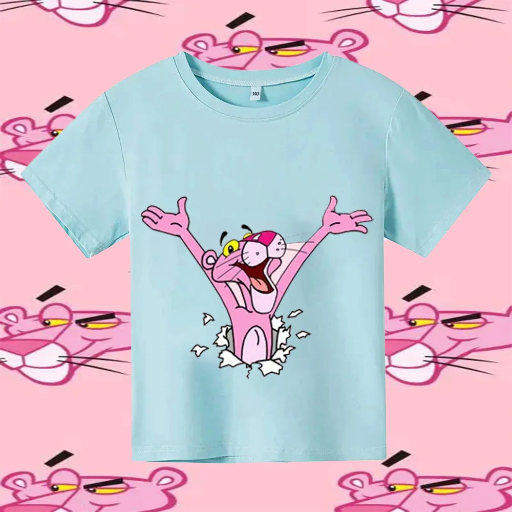 Pink Panther Cartoon Print Tshirt Girls Kids Clothes Cute Cat T-Shirt Children\'S Clothing Summer Tops Tee Shirt 100% Pure Cotton