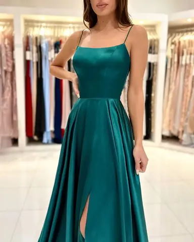 A Line Dark Green Slit Evening Dress Long Satin Bridesmaid Dresses For Wedding Party Spaghetti Straps Sexy Backless Maxi Gowns