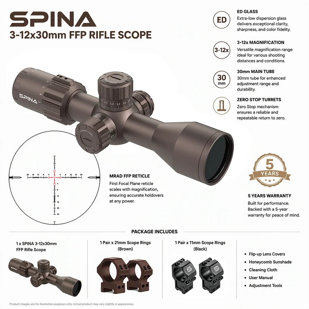 SPINA OPTICS Riptide GEN II ED 3-12x44 FFP w Zero Stop-MIL Turrets, Bronze Color First Focal Plane Compact Hunting Scope Sight