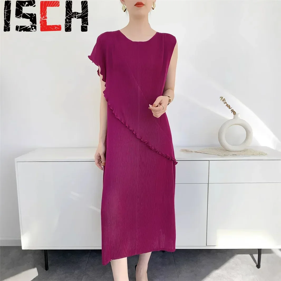 ISCH Miyake Dresses 2025 Summer Pleated Dress Women Irregular Shape Mid-length Niche Skirt Plus Size Women Fashion Clothing