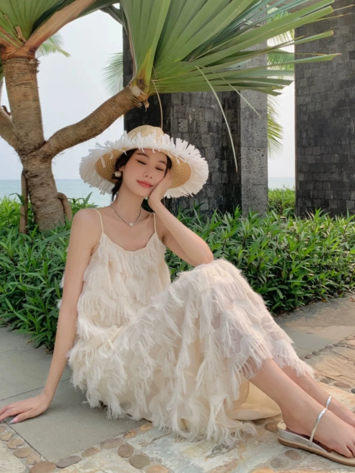 n الأبيض Strapl Dr المرأة الصيف شرابة الشاطئ Vaion تنورة طويلة H-ape لون نقي Svel واحد أولدر Dr