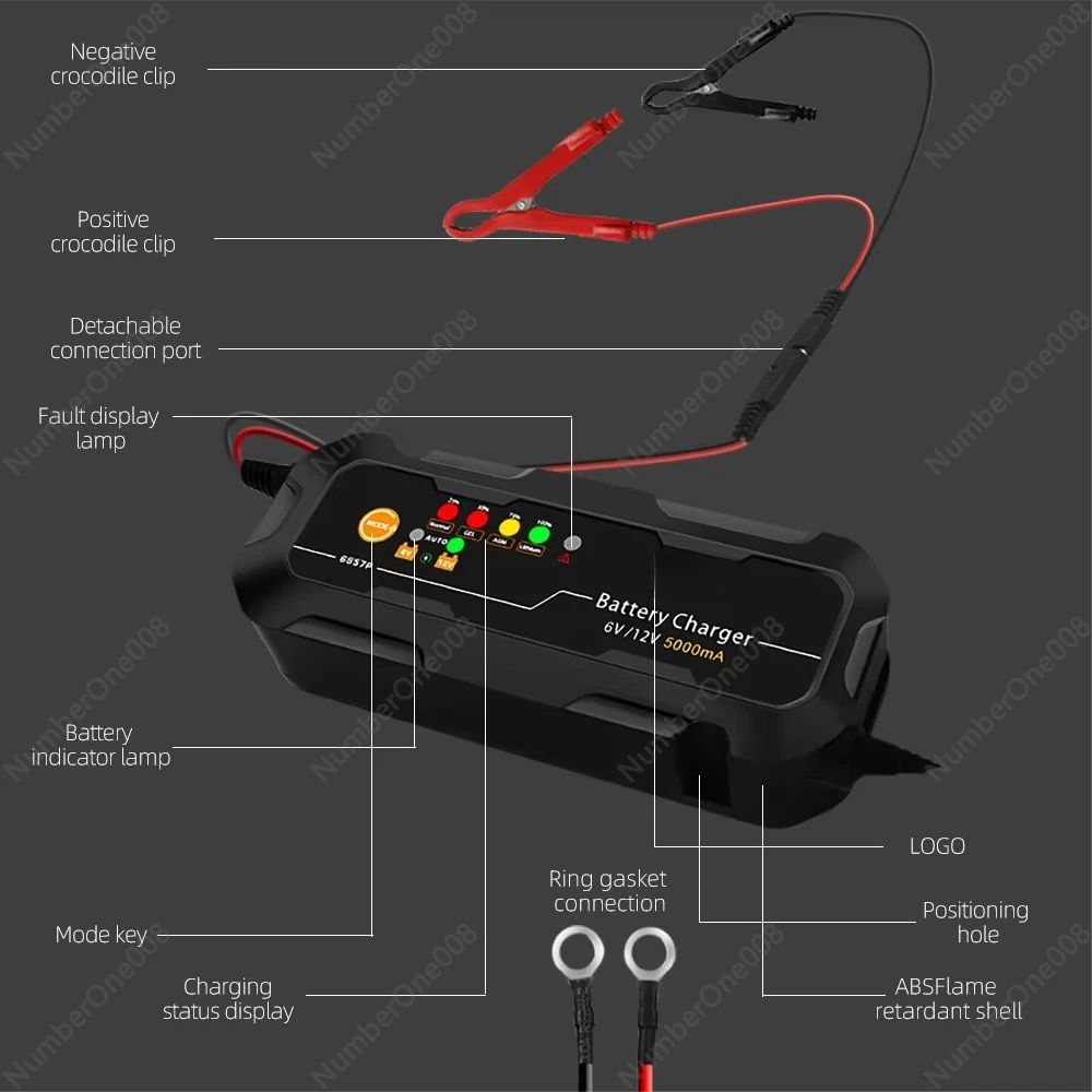 5A 6V/12V Smart Battery Charger, 60W Fully Automatic Maintainer with CE for Car & Motorcycle Batteries (AGM/Gel/EFB/LiFePO4)