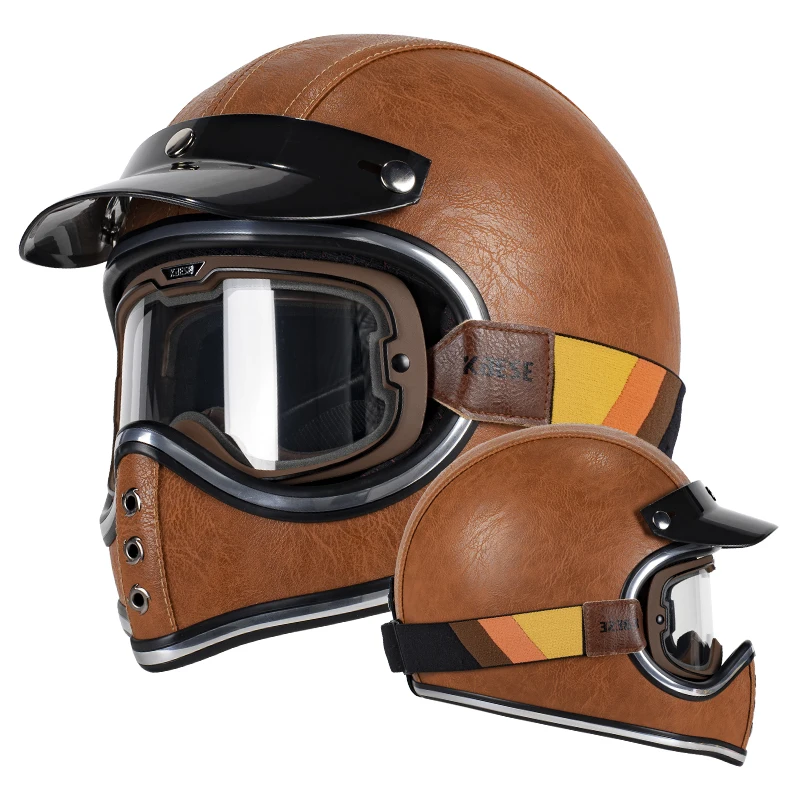 

Retro Brown leather Motorcycle Full Helmet with Photochromic Goggles fiberglass Lightweight with Brim for Cycling Enthusiast