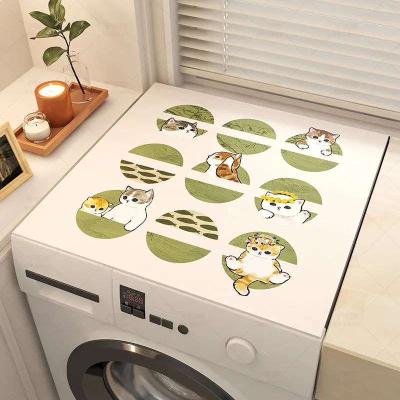 VIKAMA Patchwork Cartoon Cat Washing Machine Cover Mat Green Grid Frame Print Waterproof Anti Dust Dryer Cabinet Pad
